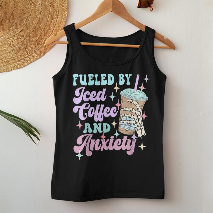 Retro Groovy Coffee Fueled By Iced Coffee And Anxiety Women Tank Top Unique Gifts