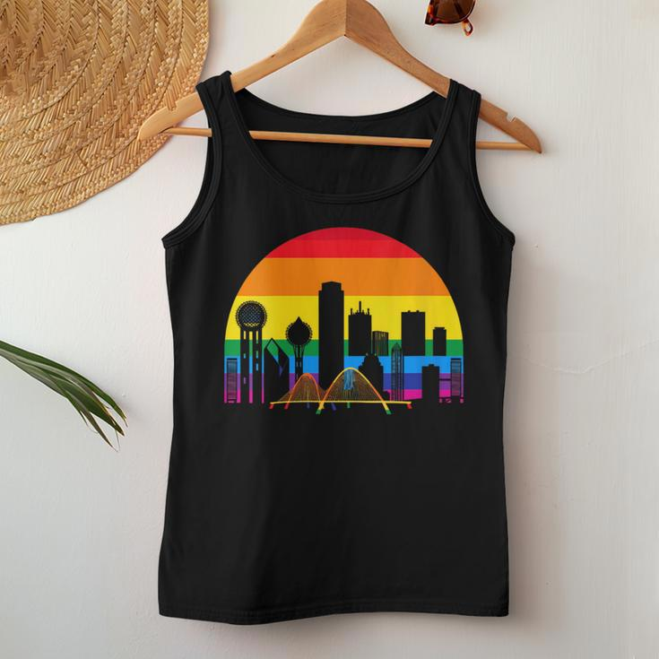 Retro Lgbt Rainbow Dallas Skyline Lesbian Gay Pride Women Tank Top Unique Gifts