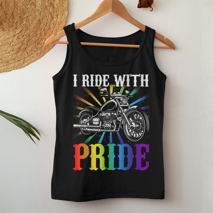 I Ride With Pride Gay Biker Rainbow Motorcycle Lover Queer Women Tank Top Unique Gifts