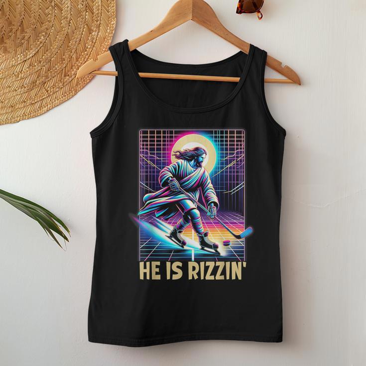 He Is Rizzin Christian Ice Hockey Lover Jesus Meme Religious Women Tank Top Unique Gifts