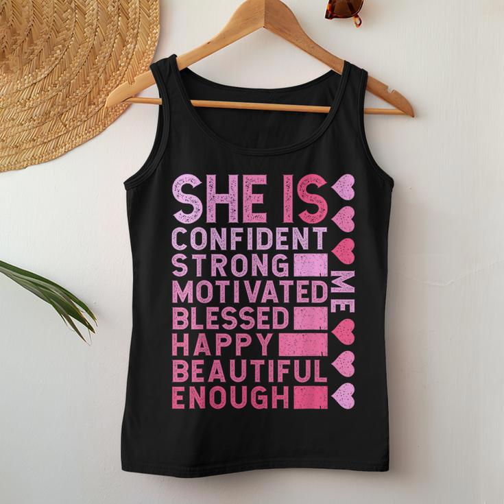 She Is Confident Strong Motivated Happy Beautiful Me Women Tank Top Unique Gifts