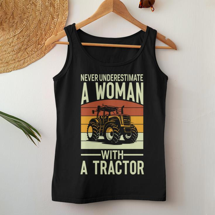 Never Underestimate A Woman With A Tractor Farmer Women Tank Top Funny Gifts