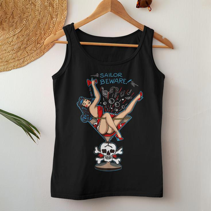 Vintage “Sailor Beware” Pin Up Girl In Martini Glass Tattoo Women Tank Top Personalized Gifts