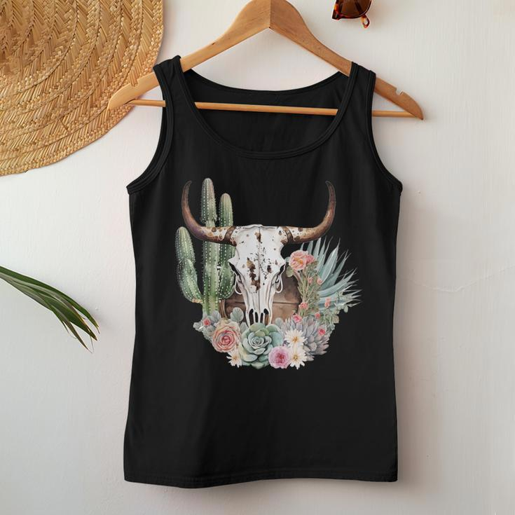 Western Boho Chic Longhorn Bull Skull Cactus Beige Pattern Women Tank Top Personalized Gifts