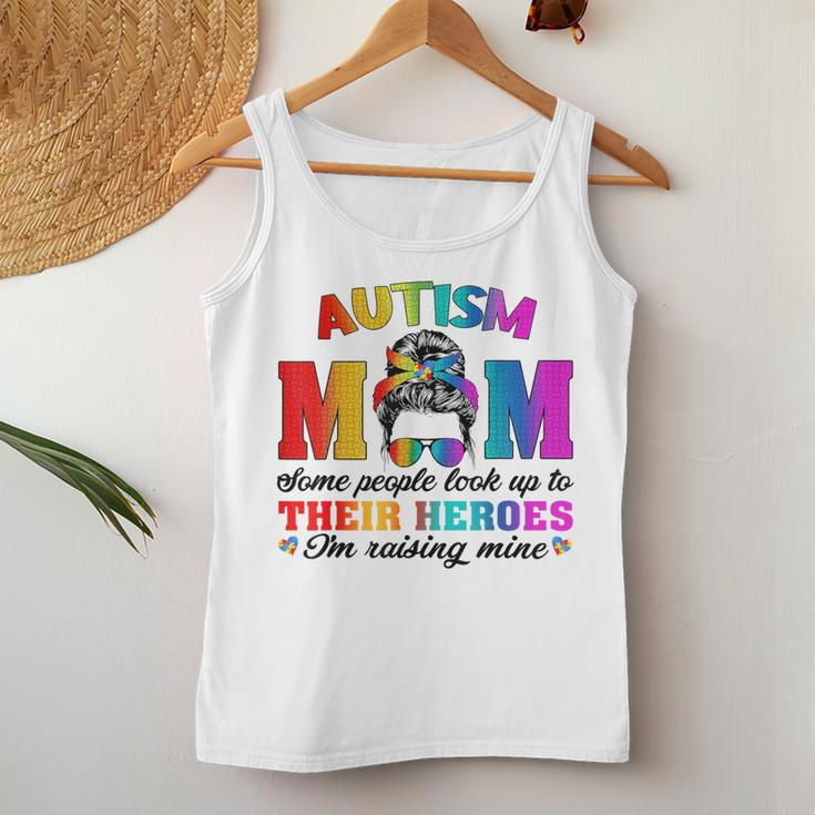 Autism Mom Raising Hero Groovy Messy Bun Autism Awareness Women Tank Top Funny Gifts