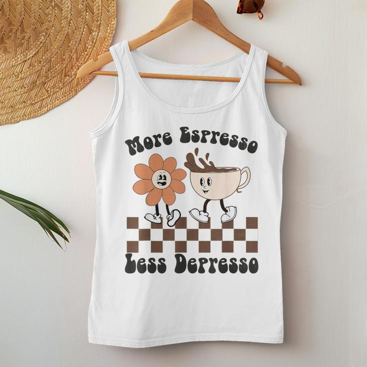 More Espresso Less Depresso Retro Groovy Flowers Coffee Cups Women Tank Top Unique Gifts