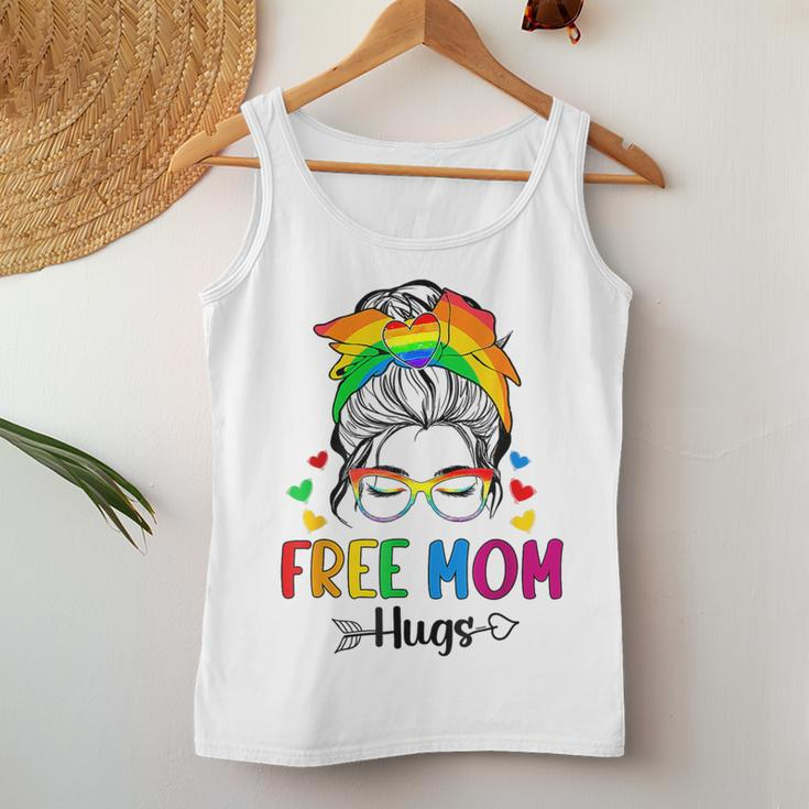 Free Mom Hugs Messy Bun Rainbow Gay Trans Pride Mother Day Women Tank Top Funny Gifts