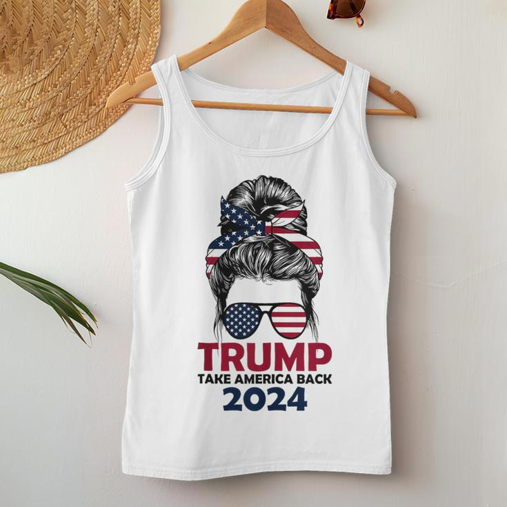 Messy Bun Support Trump 2024 Flag Take America Back Women Tank Top Funny Gifts