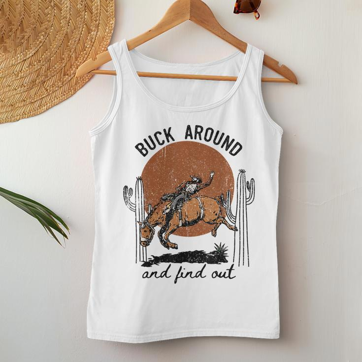 Retro Cowboy Bucking Horse Buck Around And Find Out Western Women Tank Top Unique Gifts