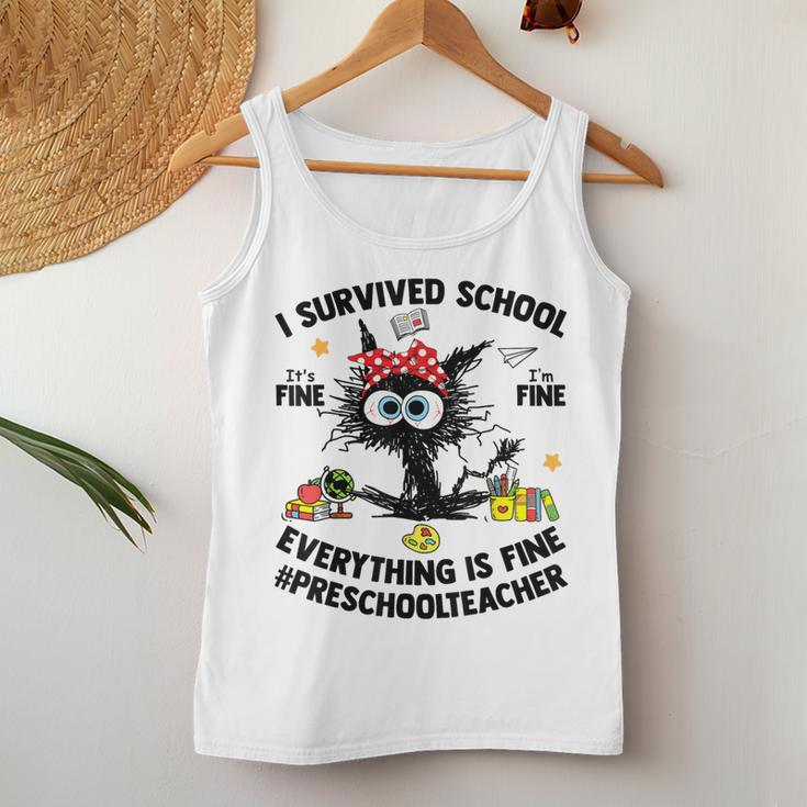 I Survived School Preschool Teacher Everything Is Fine Cat Women Tank Top Funny Gifts