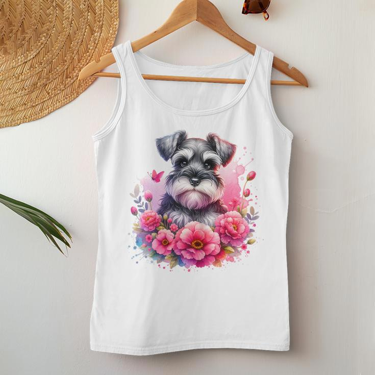 Watercolor Cute Miniature Schnauzer Dog Mom Pink Flowers Women Tank Top Funny Gifts