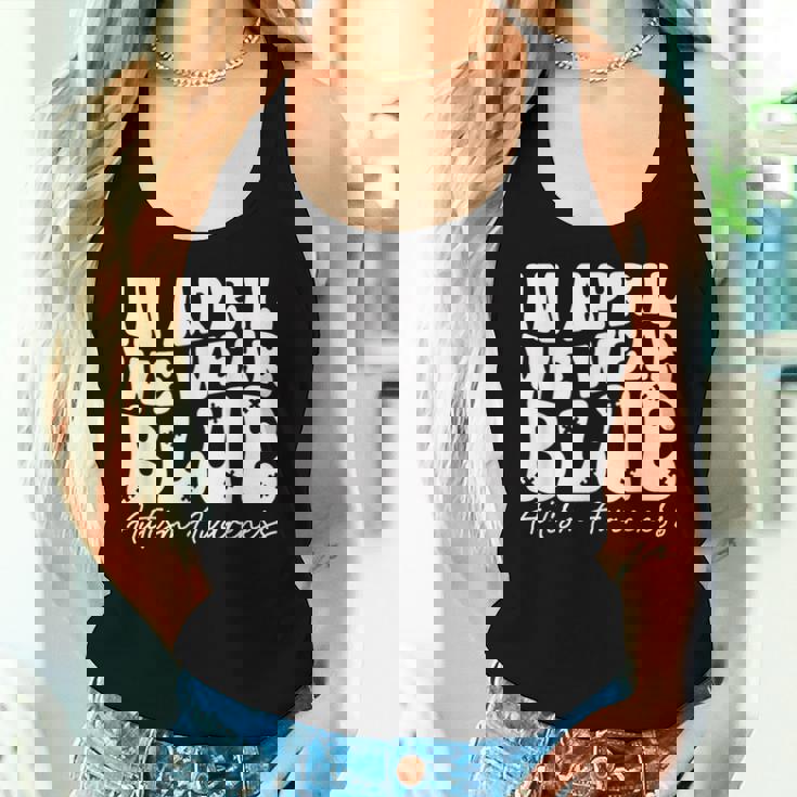 In April We Wear Blue Groovy Autism Awareness Women Tank Top Gifts for Her