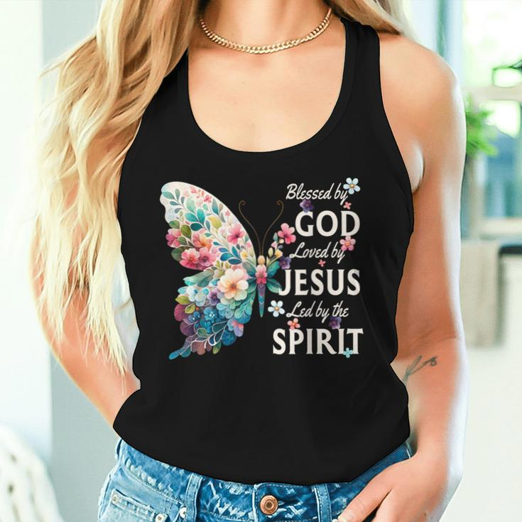 Blessed By God Loved By Jesus Floral Butterfly Christian Women Tank Top Gifts for Her