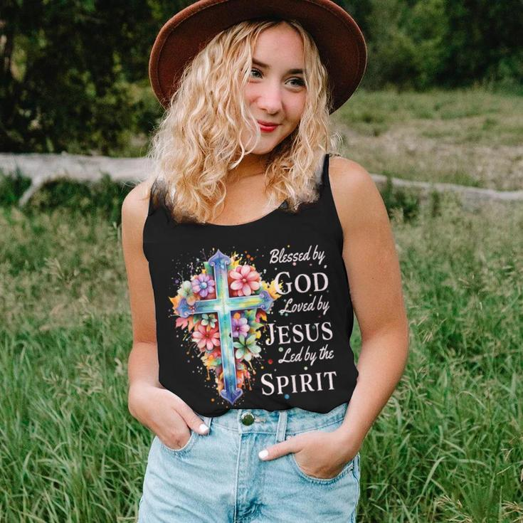 Blessed By God Loved By Jesus Floral Cross Christian Women Tank Top Gifts for Her