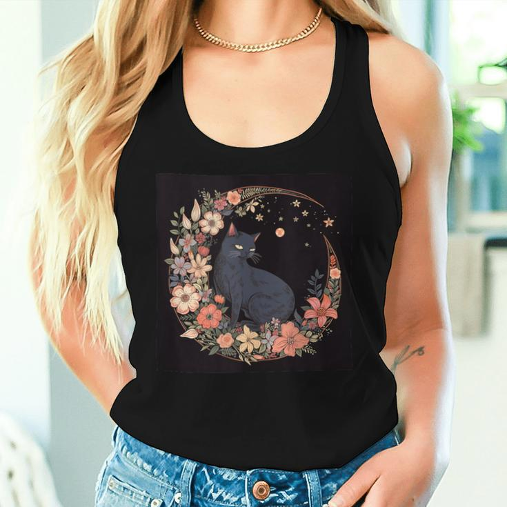 Cat Moon Floral Flowers Graphic Women Tank Top Gifts for Her