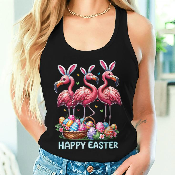 Cute Flamingo With Easter Bunny Egg Basket Happy Easter Women Tank Top Gifts for Her