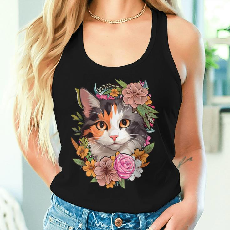 Cute Floral Calico Cat Women Tank Top Gifts for Her