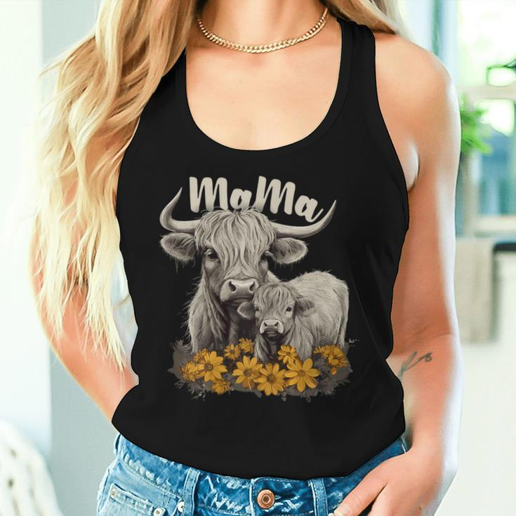 Cute Mama Highland Cow With Baby Calf Flower Cool Animal Women Tank Top Gifts for Her