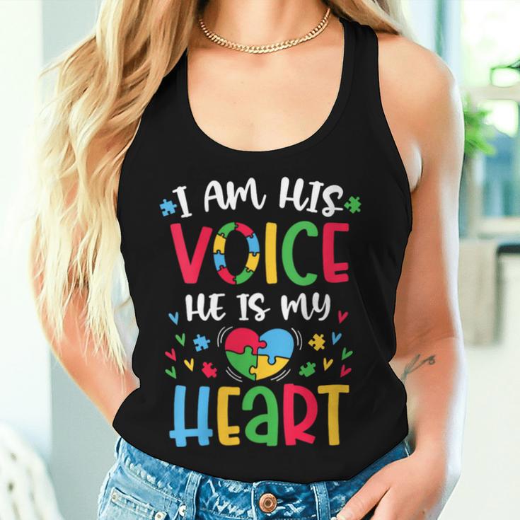 Damen Ich Bin Seine Stimme Er Ist Mein Herz Autismusbewusstsein Asd Mama Papa Mit-Ausschnitt Tank Top Frauen Geschenke für Sie