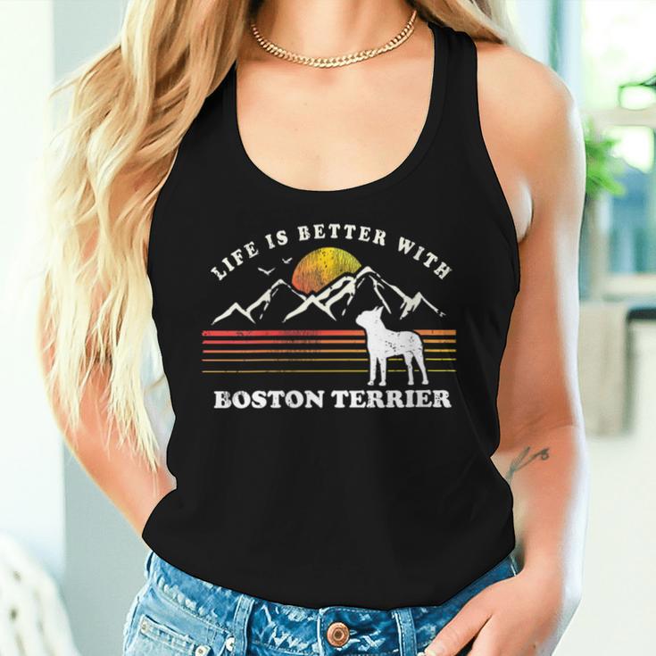 Damen Life Better Boston Terrierintage Hund Mama Papa Mit-Ausschnitt Tank Top Frauen Geschenke für Sie