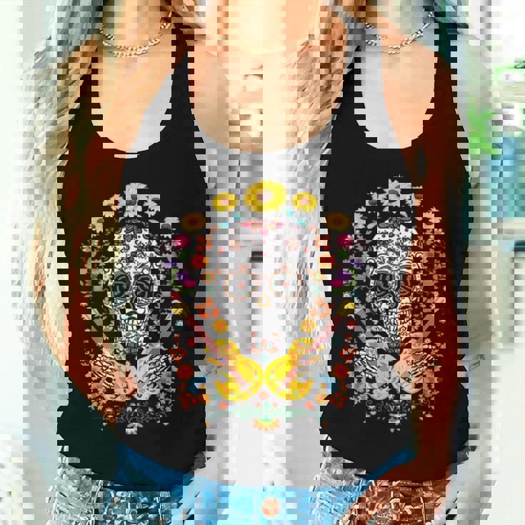 Dia De Los Muertos Sunflower Mexican Skull Skeleton Guitar Women Tank Top Gifts for Her