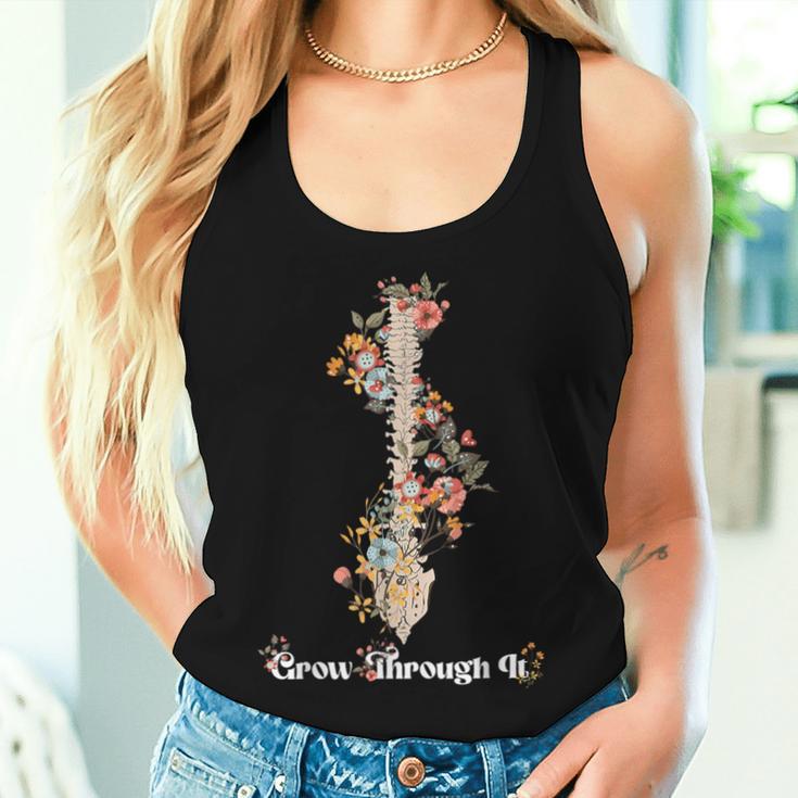 Grow Through It Floral Spine Positive Mental Health Warrior Women Tank Top Gifts for Her