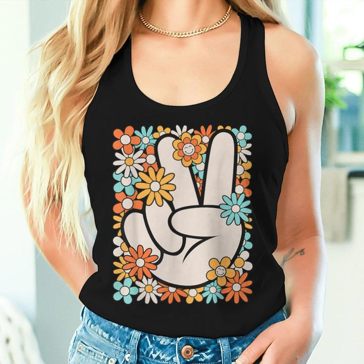Hippie Peace Hand Sign Groovy Flower 60S 70S Retro Women Tank Top Gifts for Her