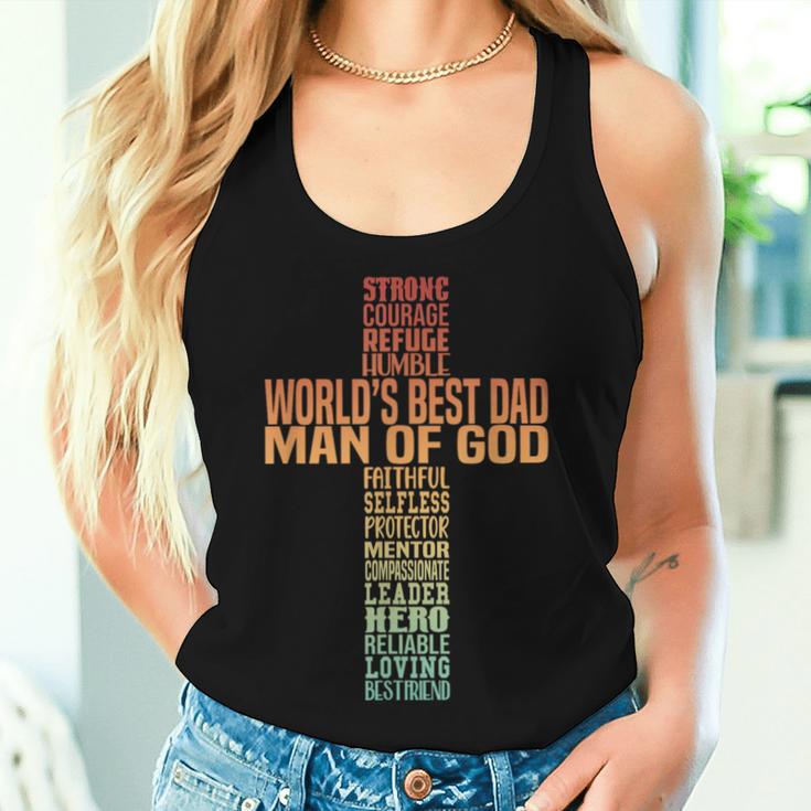 Man Of God Christian Cross Fathers Day Jesus Dad Bible Verse Women Tank Top Gifts for Her