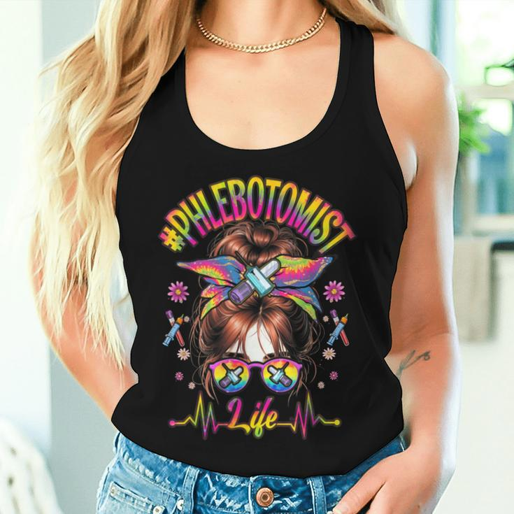 Phlebotomist Life Messy Bun Nurse Phlebotomy Tie Dye Women Tank Top Gifts for Her