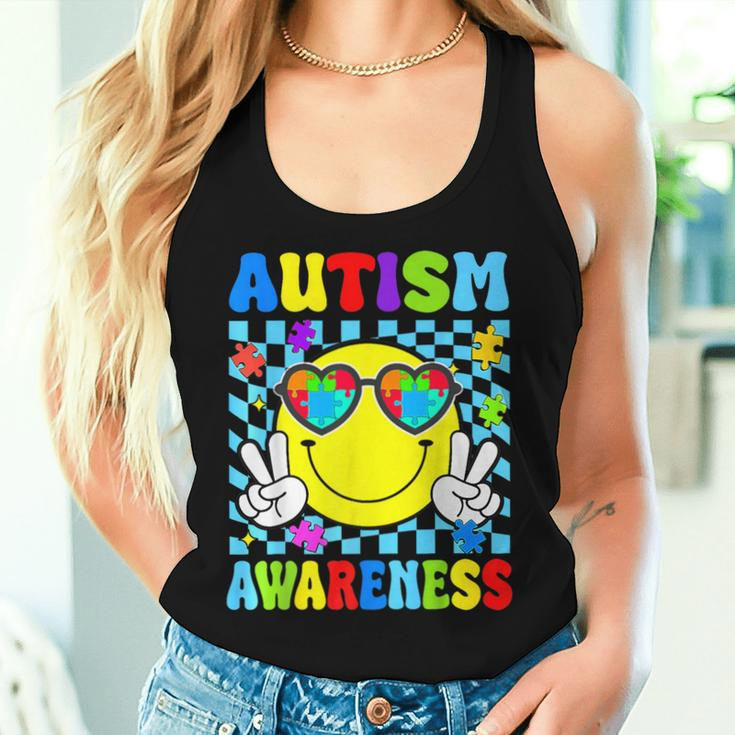 Retro Groovy Autism Awareness Hippie Smile Face Boy Girl Kid Women Tank Top Gifts for Her