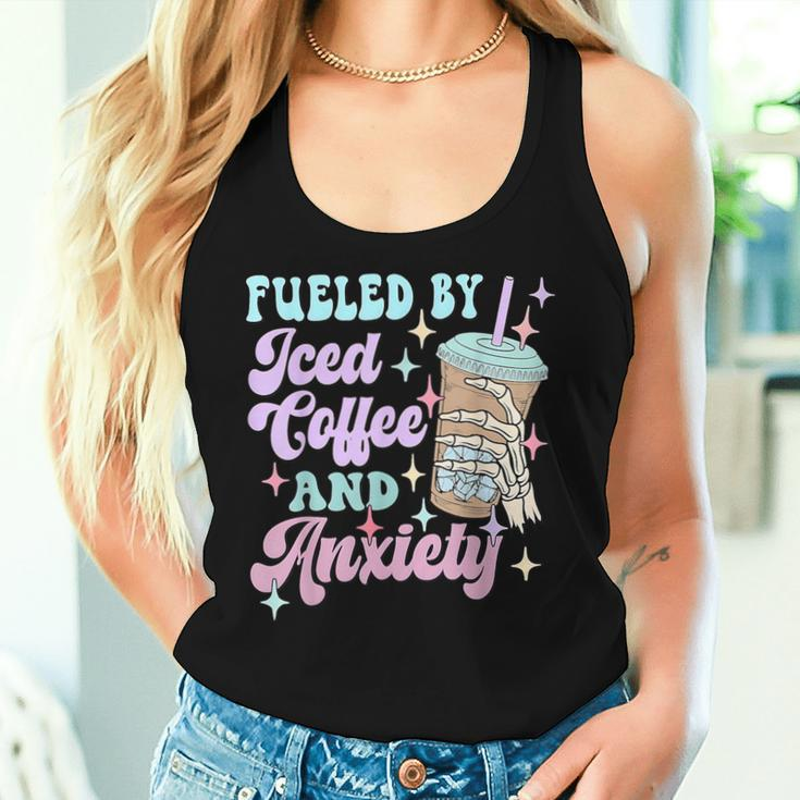 Retro Groovy Coffee Fueled By Iced Coffee And Anxiety Women Tank Top Gifts for Her