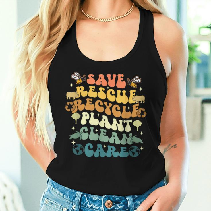 Retro Groovy Save Bees Rescue Animals Recycle Earth Day 2024 Women Tank Top Gifts for Her