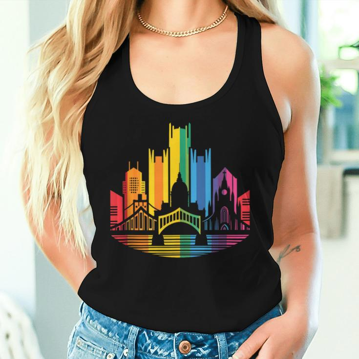 Retro Pittsburgh Skyline Rainbow Lgbt Lesbian Gay Pride Women Tank Top Gifts for Her
