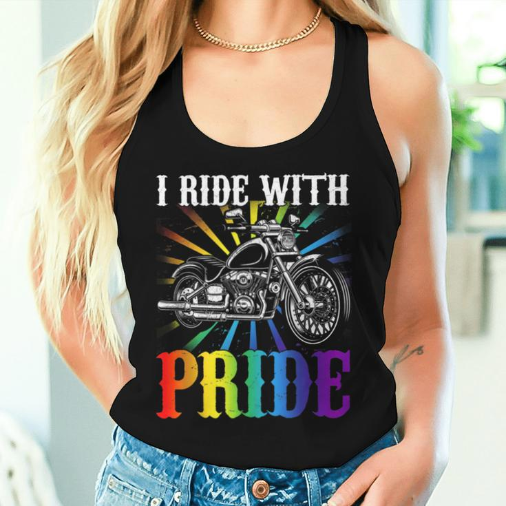 I Ride With Pride Gay Biker Rainbow Motorcycle Lover Queer Women Tank Top Gifts for Her
