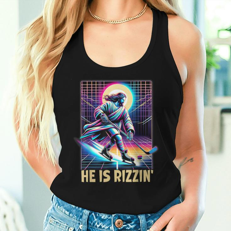 He Is Rizzin Christian Ice Hockey Lover Jesus Meme Religious Women Tank Top Gifts for Her
