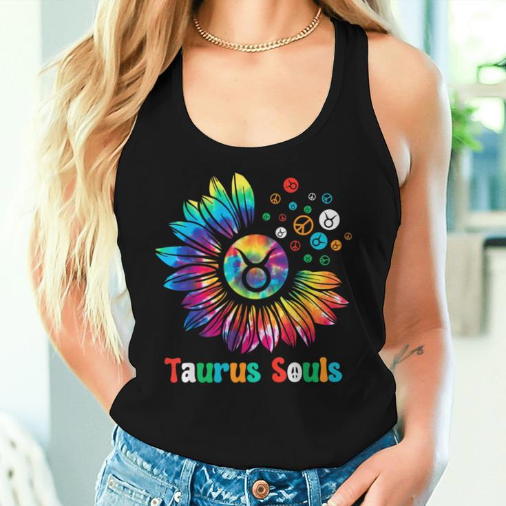 Taurus Souls Zodiac Tie Dye Sunflower Peace Sign Groovy Women Tank Top Gifts for Her