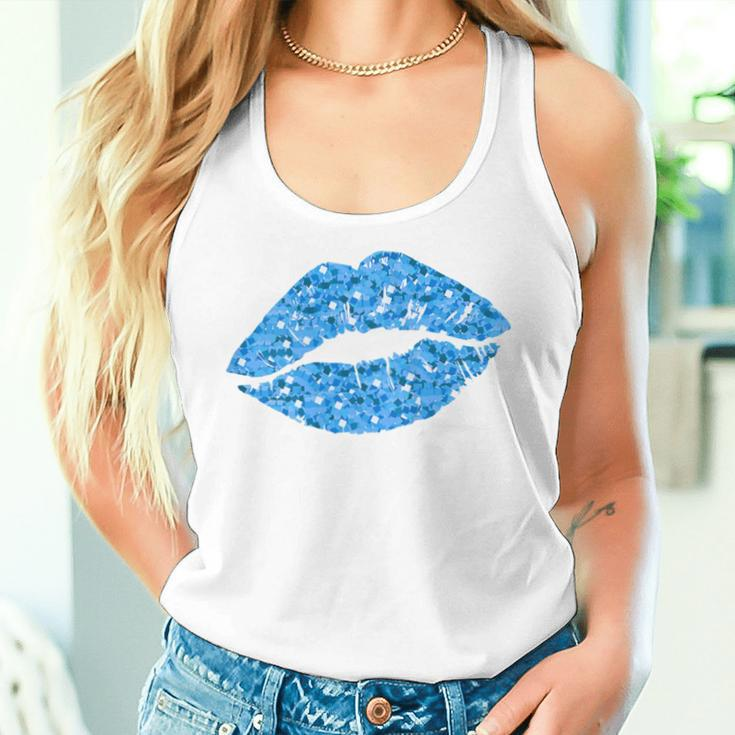 80S & 90S Kiss Mouth Lips Motif Vintage Blue Women Tank Top Gifts for Her