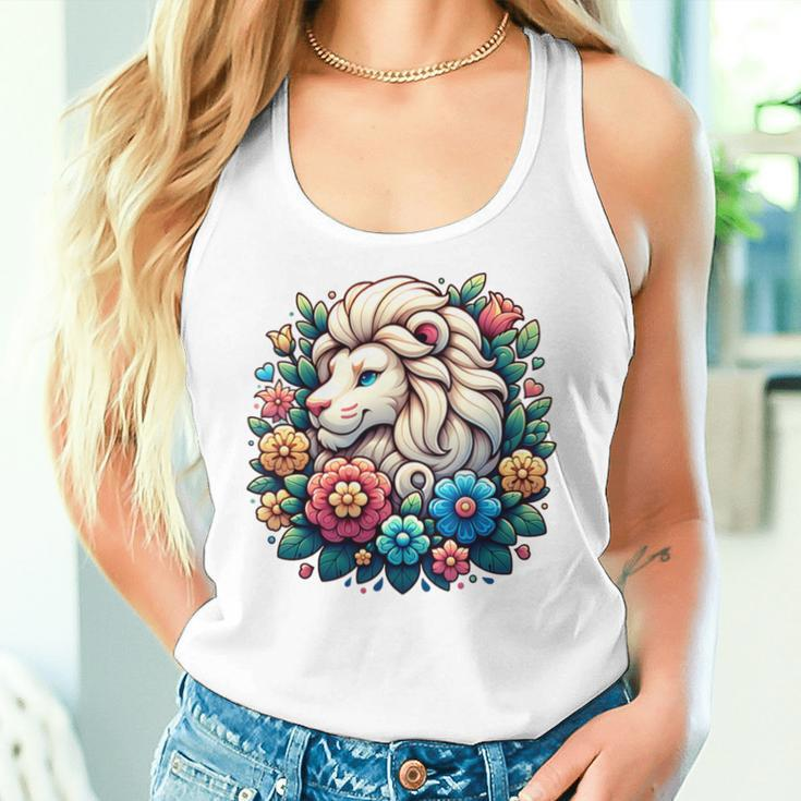Floral Lion Head With Vintage Flowers Cartoon Animal Lover Women Tank Top Gifts for Her