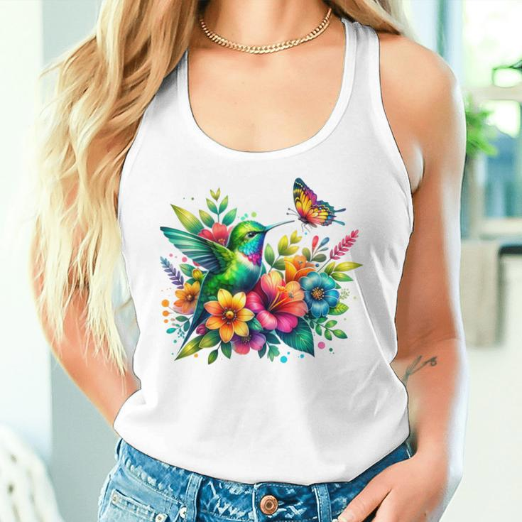 Floral Watercolor Hummingbird & Butterfly Women Tank Top Gifts for Her
