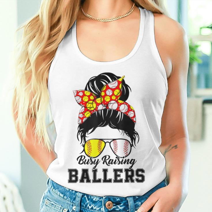 Messy Bun Mom Of Both Baseball Softball Busy Raising Ballers Women Tank Top Gifts for Her
