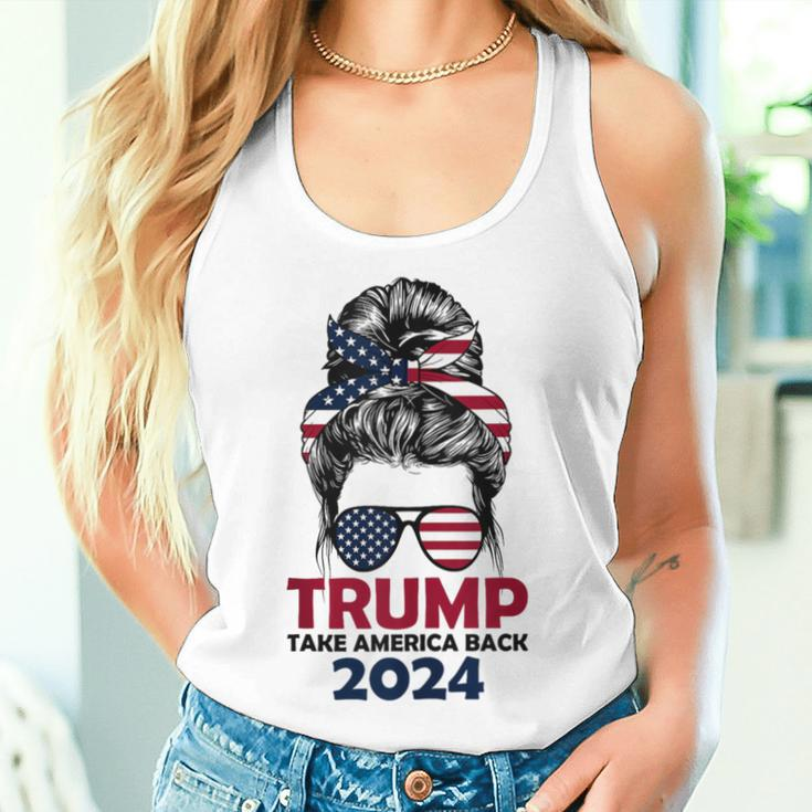 Messy Bun Support Trump 2024 Flag Take America Back Women Tank Top Gifts for Her
