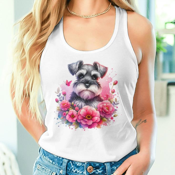 Watercolor Cute Miniature Schnauzer Dog Mom Pink Flowers Women Tank Top Gifts for Her