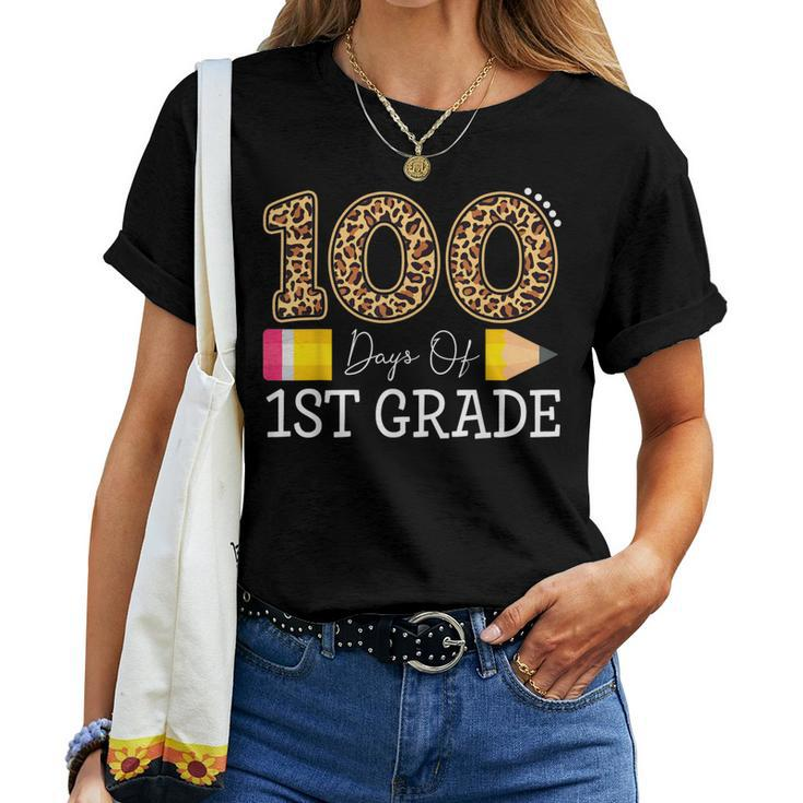 100 Days Of First Grade Leopard Happy 100Th Day Of School Women T-shirt