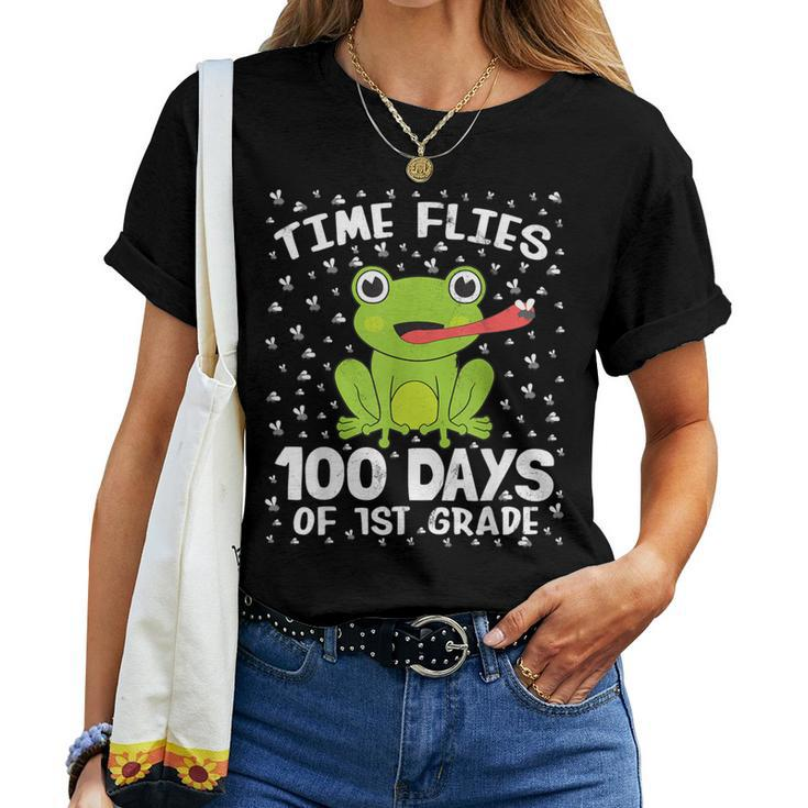 1St Grade 100 Days School Boys Girls Frog Time Flies Fly Kid Women T-shirt