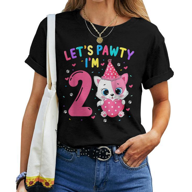 2Nd Birthday Girl Cat Kitten Let's Pawty I'm 2 Year Old Women T-shirt