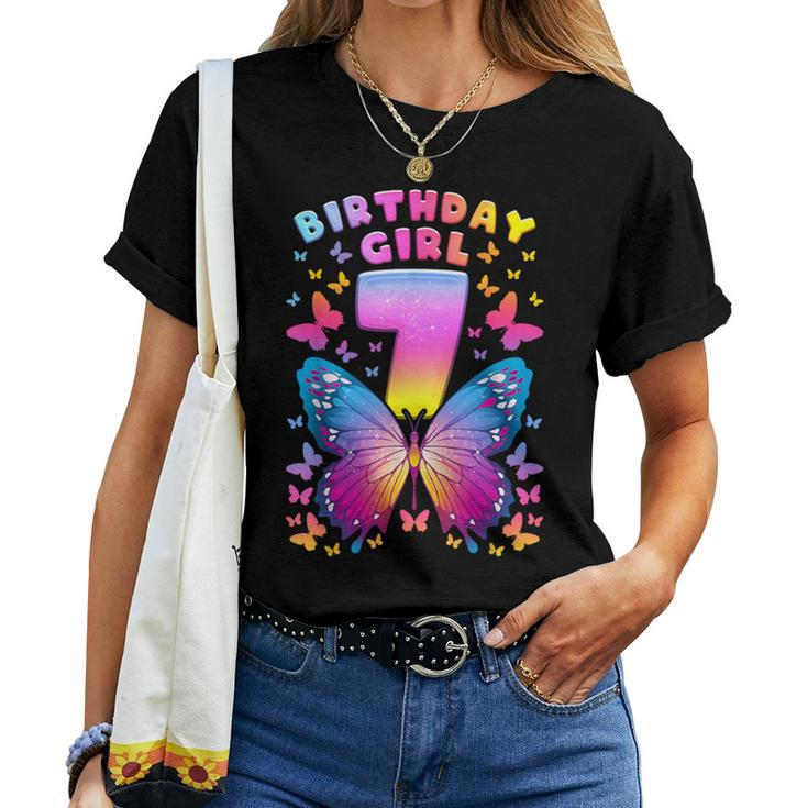 7Th Birthday Girl 7 Years Butterfly Number 7 Women T-shirt