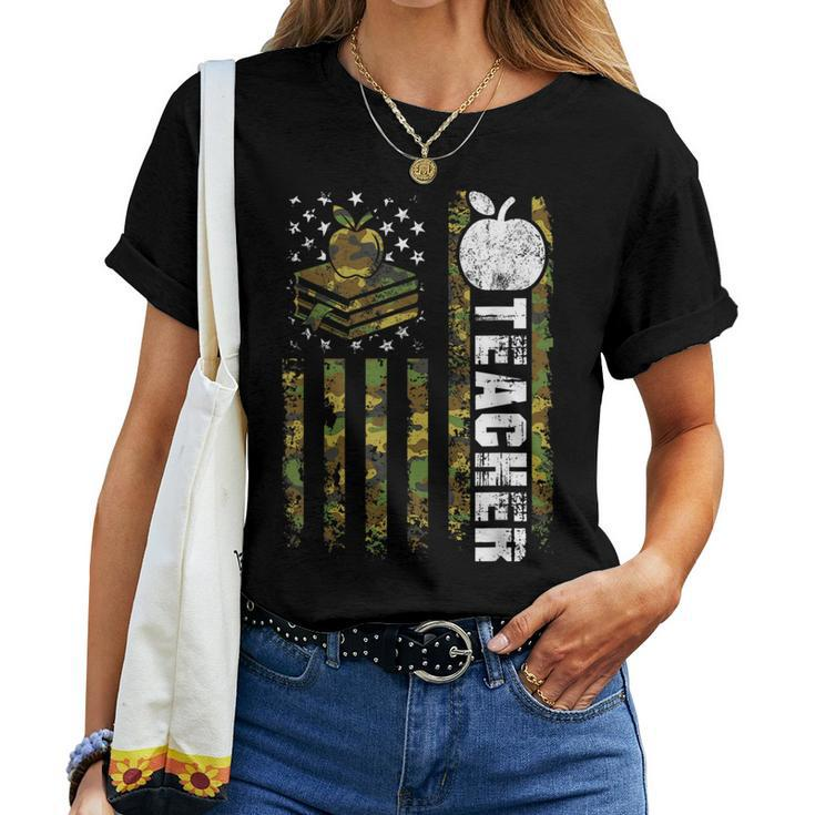 American Flag Camouflage Teacher Patriotic 4Th Of July Women T-shirt
