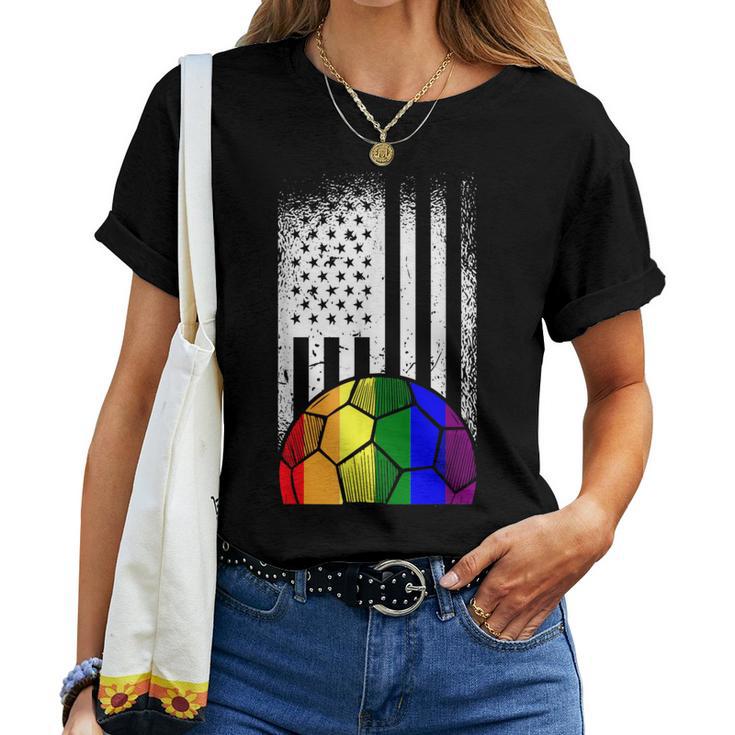 American Flag Soccer Ball Lgbt-Q Rainbow Gay Pride Ally Women T-shirt