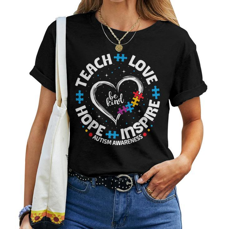 Autism Teach Love Inspire Hope Teacher Blue Autism Awareness Women T-shirt
