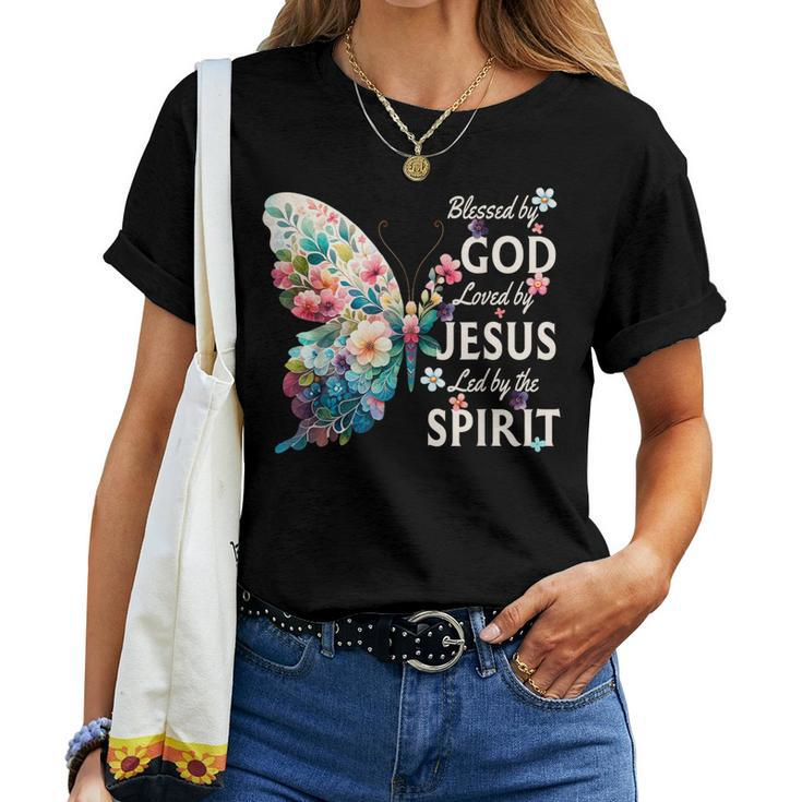 Blessed By God Loved By Jesus Floral Butterfly Christian Women T-shirt